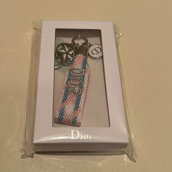 Dior Embroidered Ribbon Ring Keychain Stripe Pink Blue White Dangle Charms NWT - Picture 1 of 8